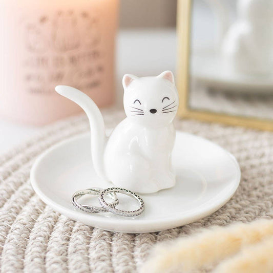 Trinket dish with a sitting white cat's face