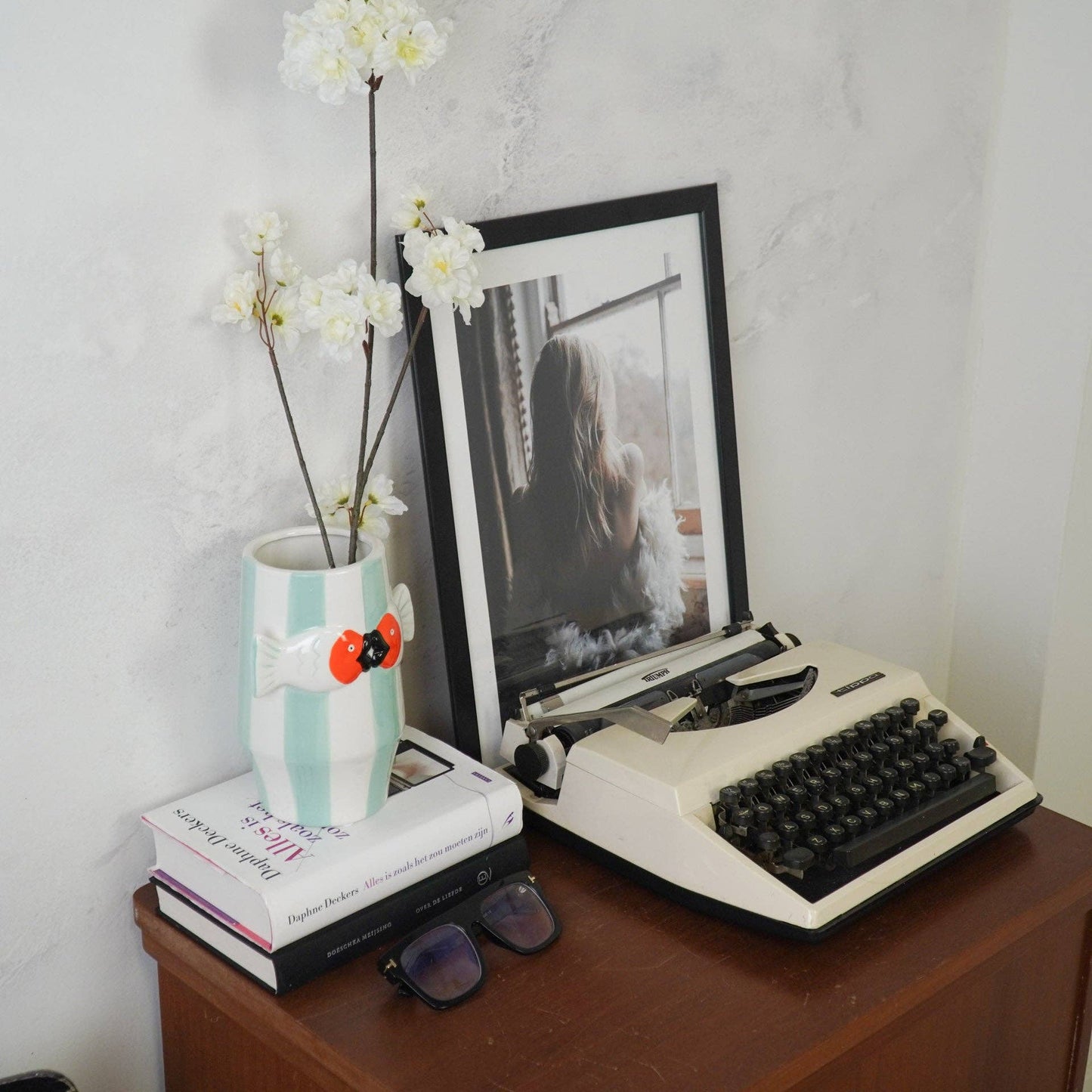 Vase - Fish-Mint/White/Orange Flower Vase - 14x11.5x18.5cm