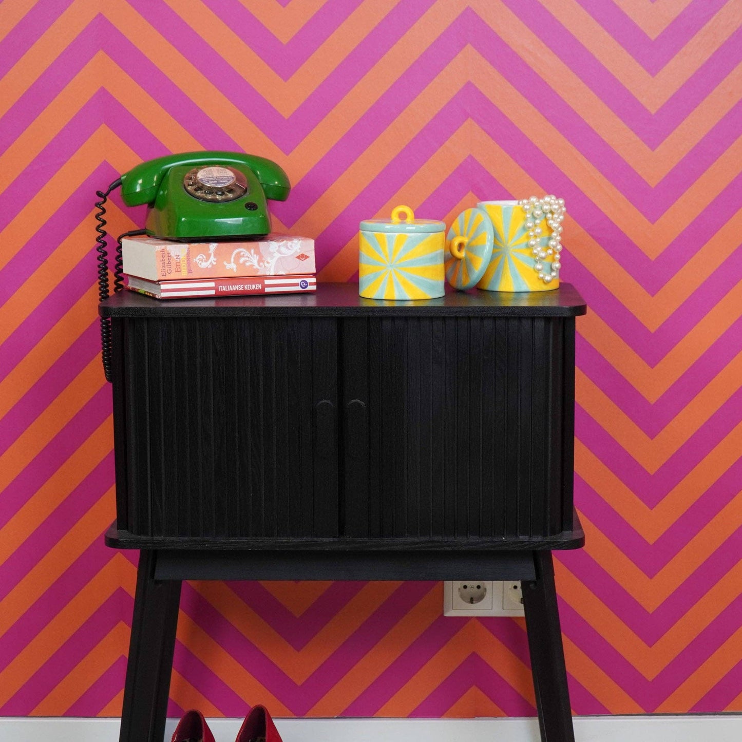 Dekorativer Übertopf – Wirbelmuster – Dolomit – Gelb/Mint – 11 x 11 x 11,5 cm