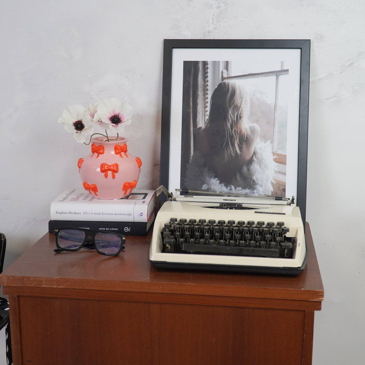 Vase - Flower Vase with Ribbons - Pink/Orange - 14.5x14.5x13cm