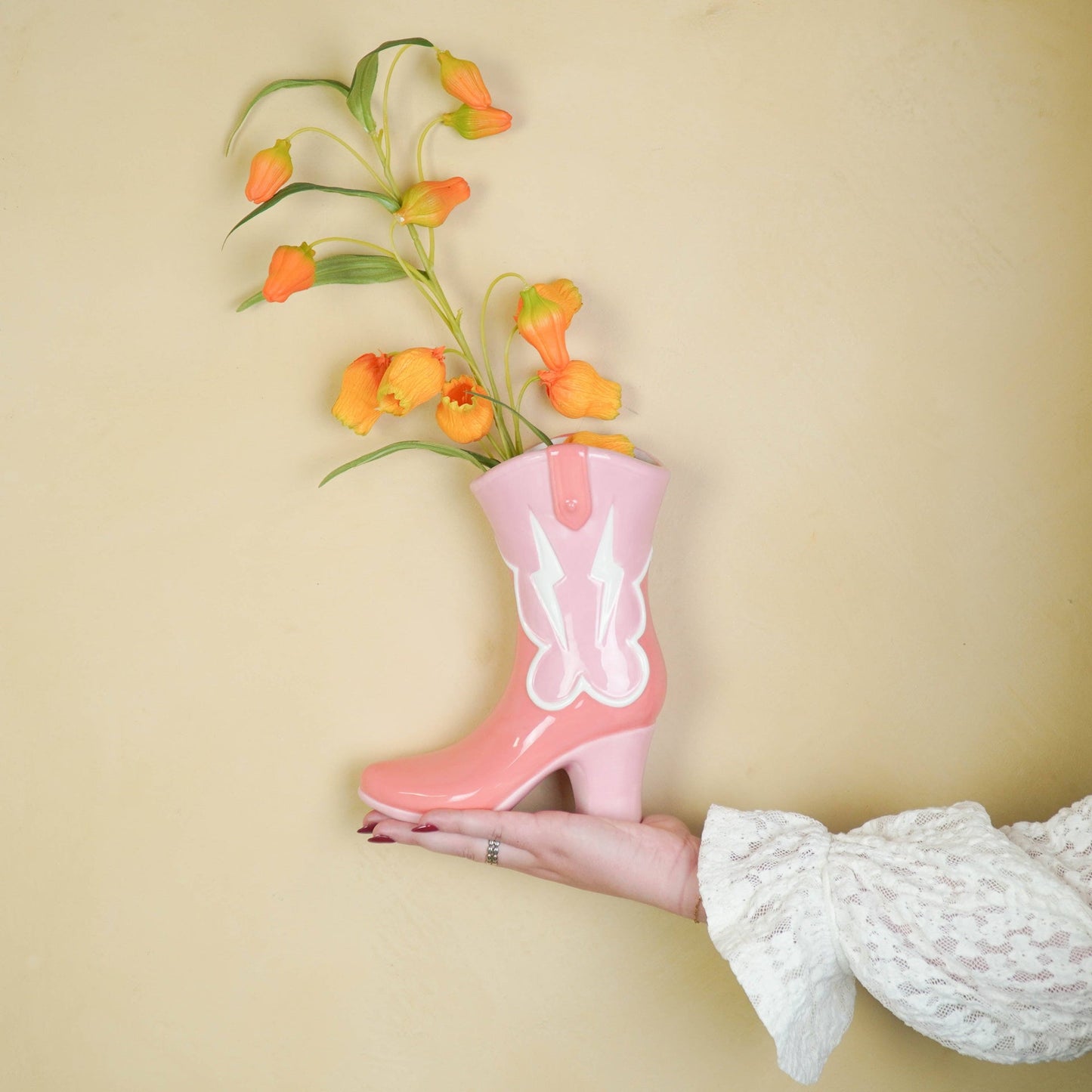 Flower vase - Boot-shaped vase - Ceramic - Pink/Orange - 16.5x10.5x26.5cm
