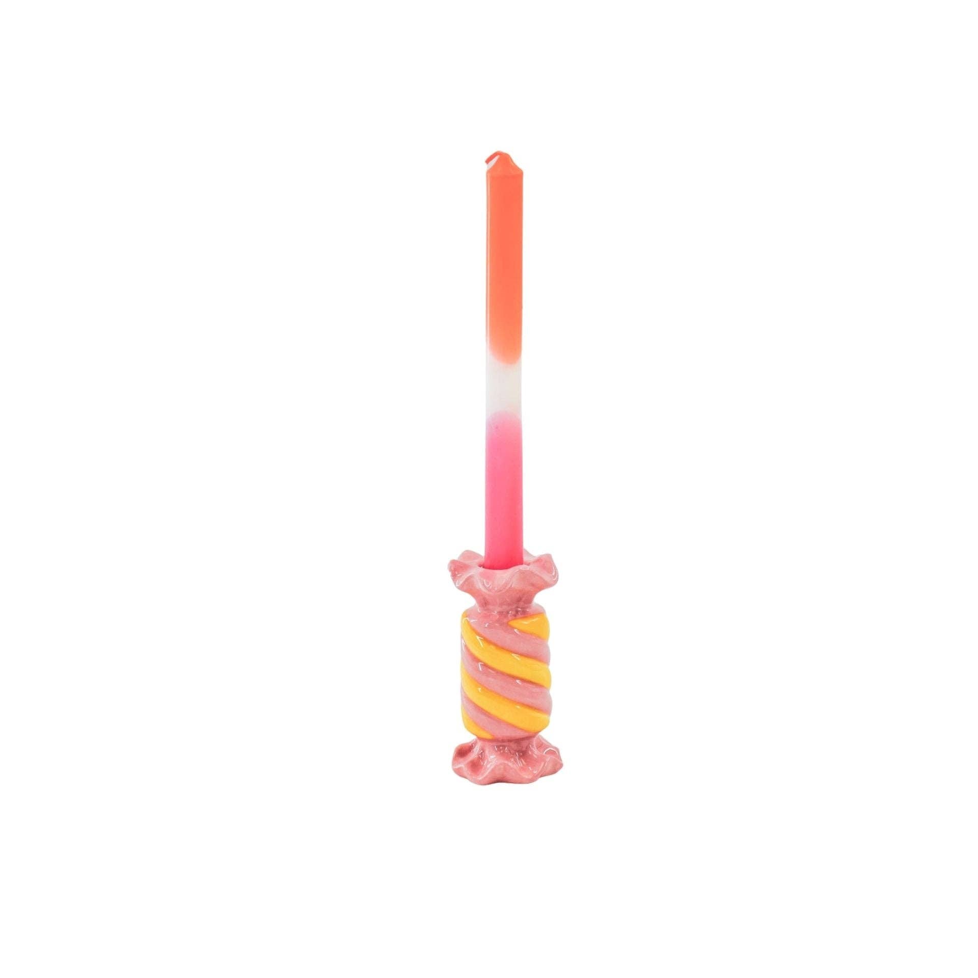 Bougeoir - Bonbon Toffee - Céramique - Rose/Jaune - 7,5x7,5x13 cm