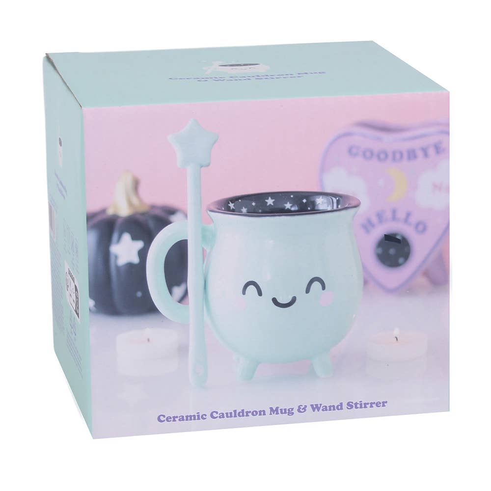 Mug d'Halloween Chaudron kawaii vert menthe avec touillette en forme de baguette