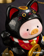 LuLu le Cochonnet - Maneki Lu (chat noir) — sculpture en bois 18cm