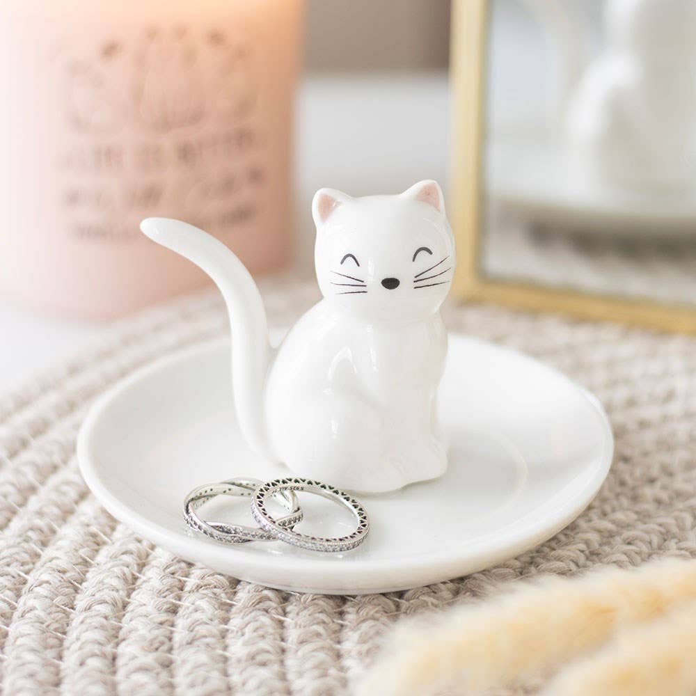Trinket dish with a sitting white cat's face
