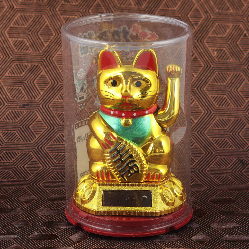Chat chanceux solaire doré 8cm