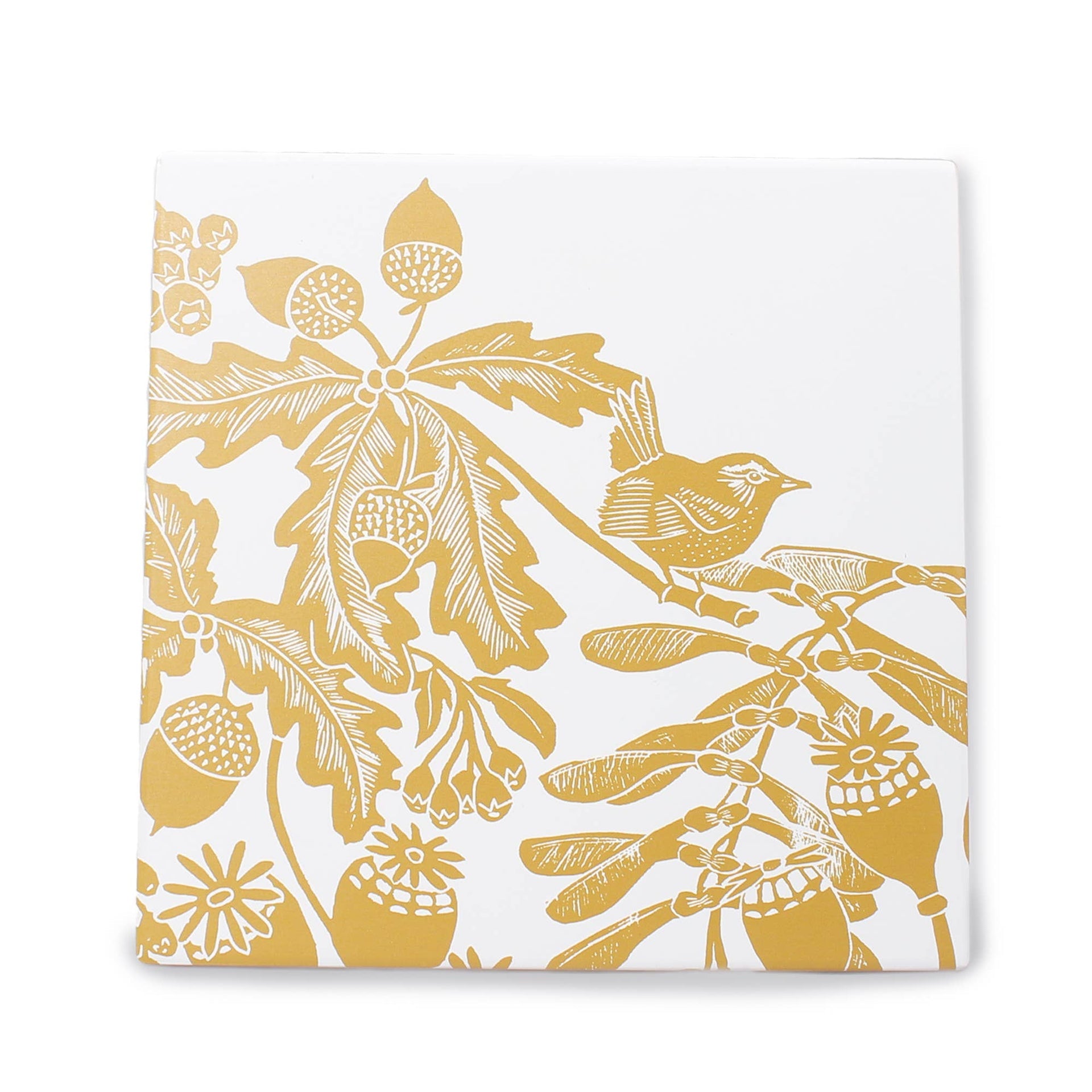 Woodland Thistle Ceramic Trivet Ochre Yellow Bird Pattern