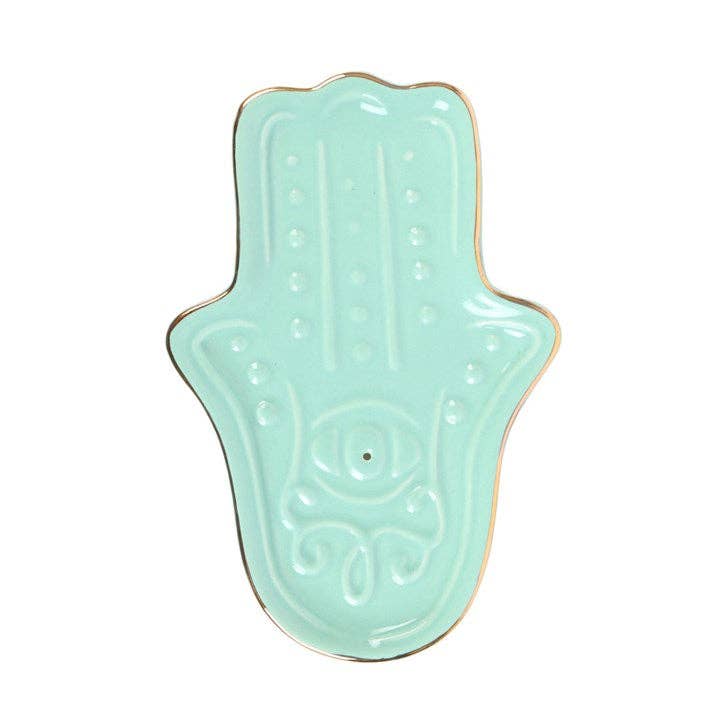 Porte-encens en céramique main Hamsa bleue