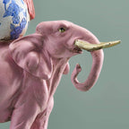 Bougeoir Oiseau sur Éléphant, Résine Rose, 13 x 9x30,5