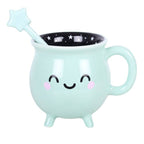 Mug d'Halloween Chaudron kawaii vert menthe avec touillette en forme de baguette