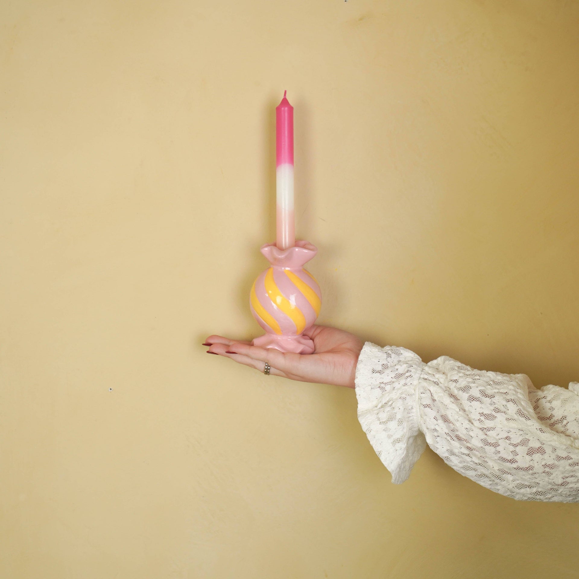 Bougeoir - Bonbon Toffee - Céramique - Rose/Jaune - 8,5x8,5x13 cm