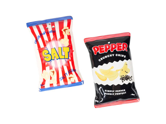 Salière et Poivrière en forme de sachets de Pop Corn et Chips