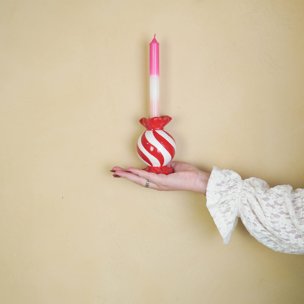 Candlestick - Toffee Candy - Red/White - 8.5x8.5x13 cm