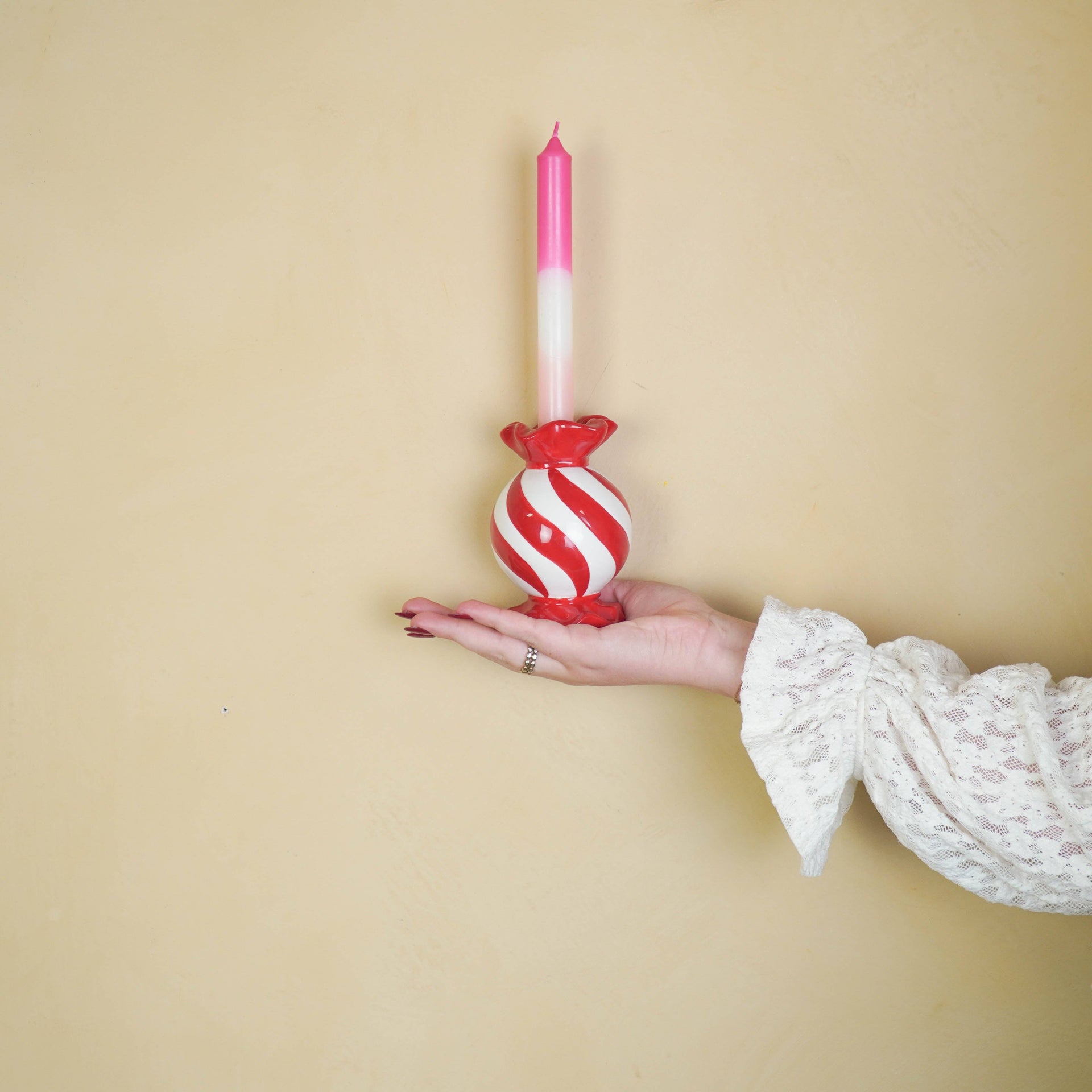 Candlestick - Toffee Candy - Red/White - 8.5x8.5x13 cm