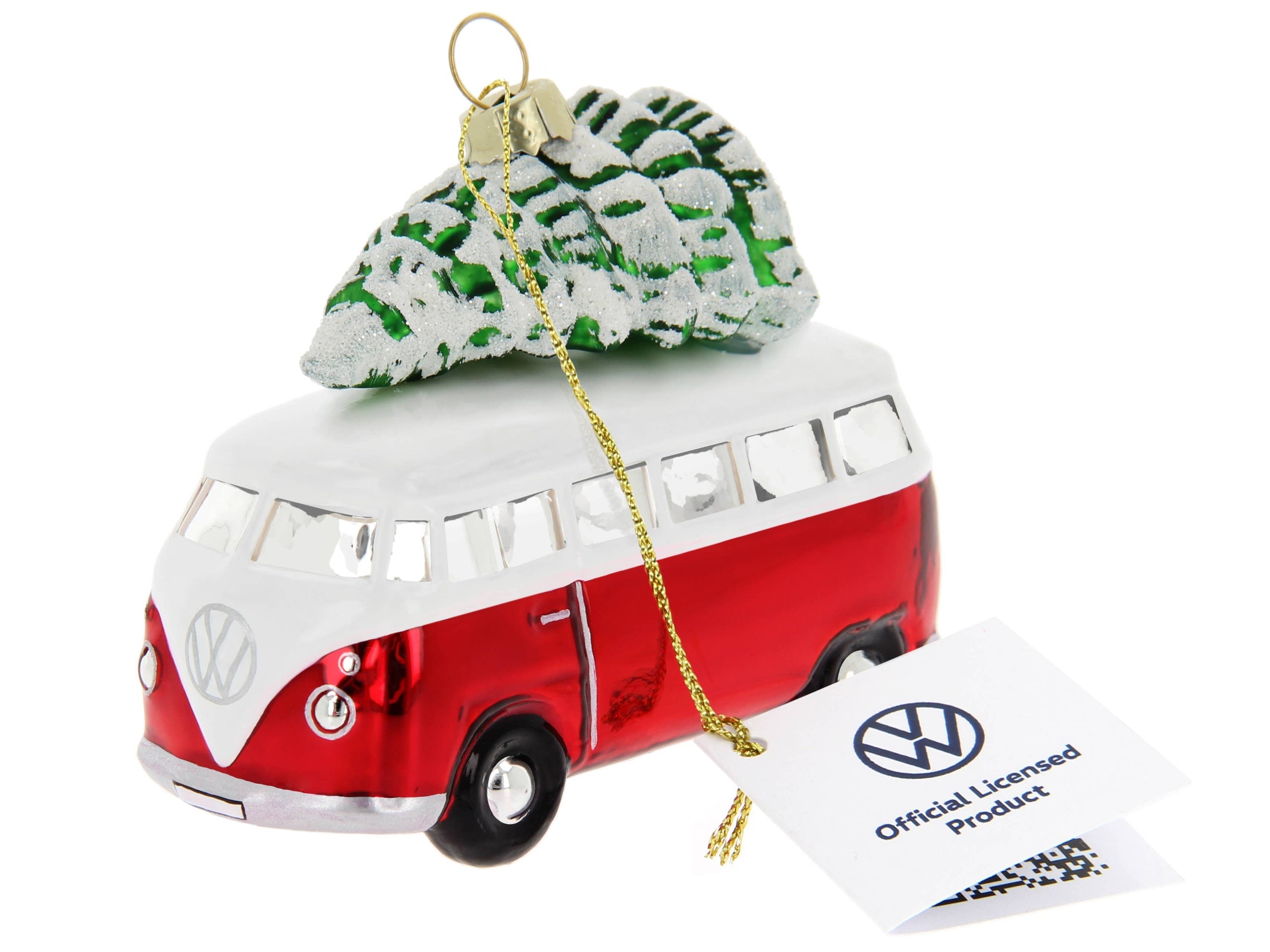 Weihnachtsdekoration für einen rot-weißen VW T1 Bus mit Weihnachtsbaum