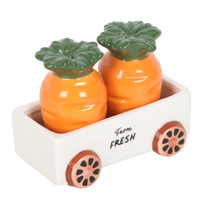 Salières et poivrières en forme de carottes dans un chariot | Design e regali originali