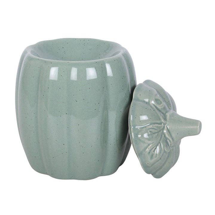 Tall, sage green, pumpkin-shaped oil burner with lid