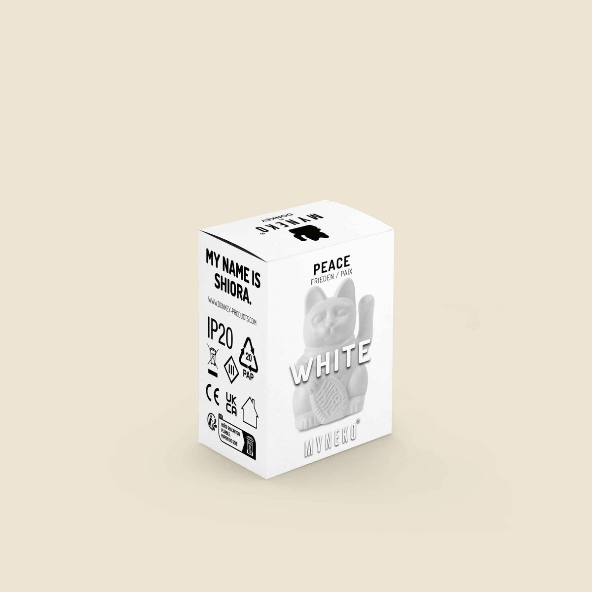 Vue du produit : Mini Chat Chanceux Solaire Blanc “Shiora” – Donkey Products