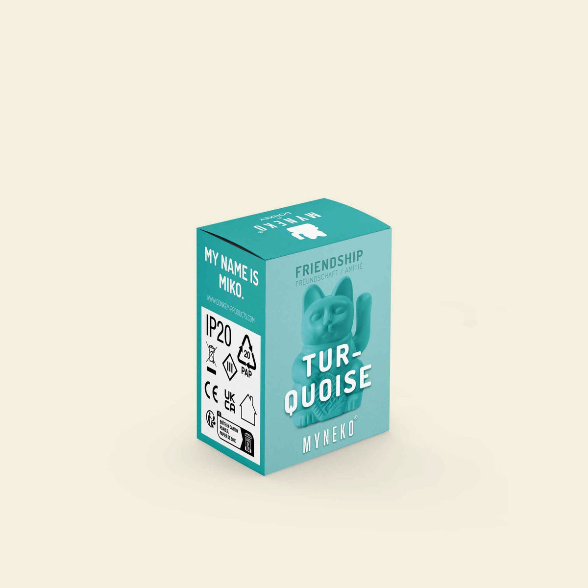 Vue du produit : Mini Chat Chanceux Solaire Turquoise « Miko » – Donkey Products