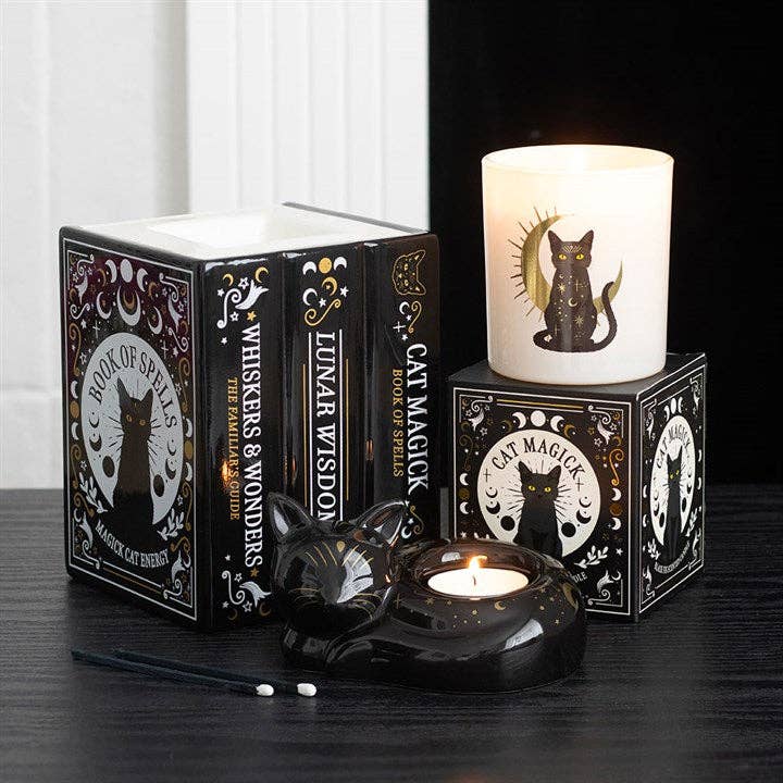 Brûle-parfum et chauffe-cire « Livre de sorts Chat noir »