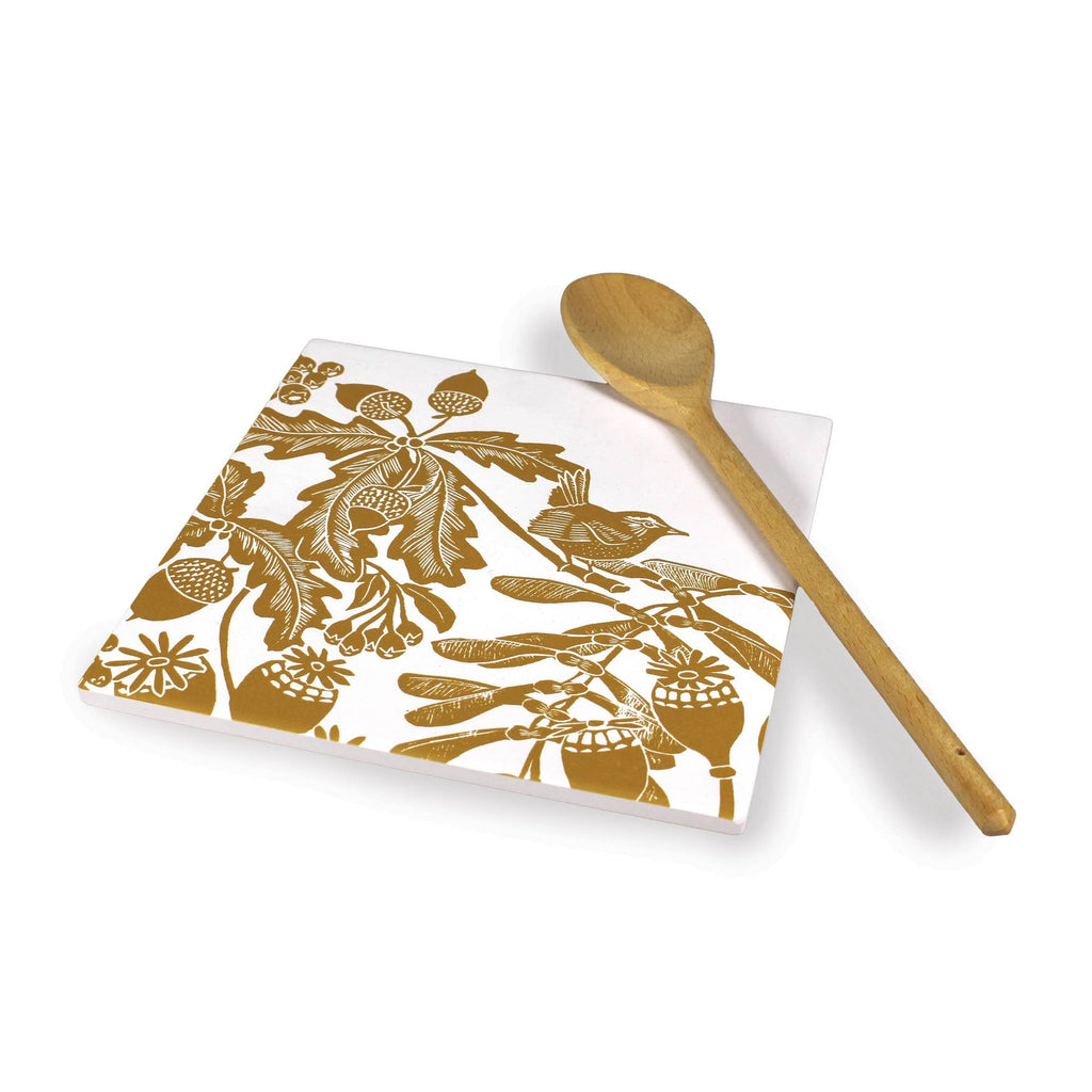 Woodland Thistle Ceramic Trivet Ochre Yellow Bird Pattern
