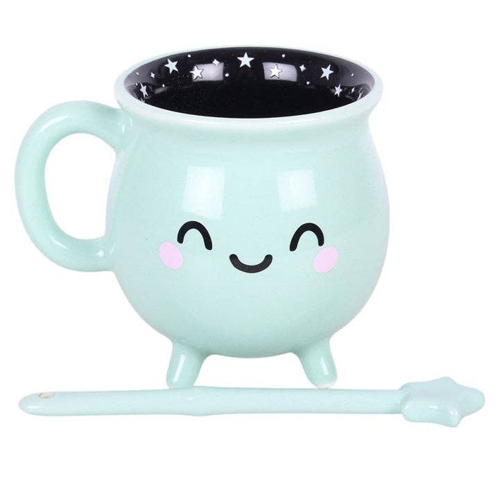 Mug d'Halloween Chaudron kawaii vert menthe avec touillette en forme de baguette