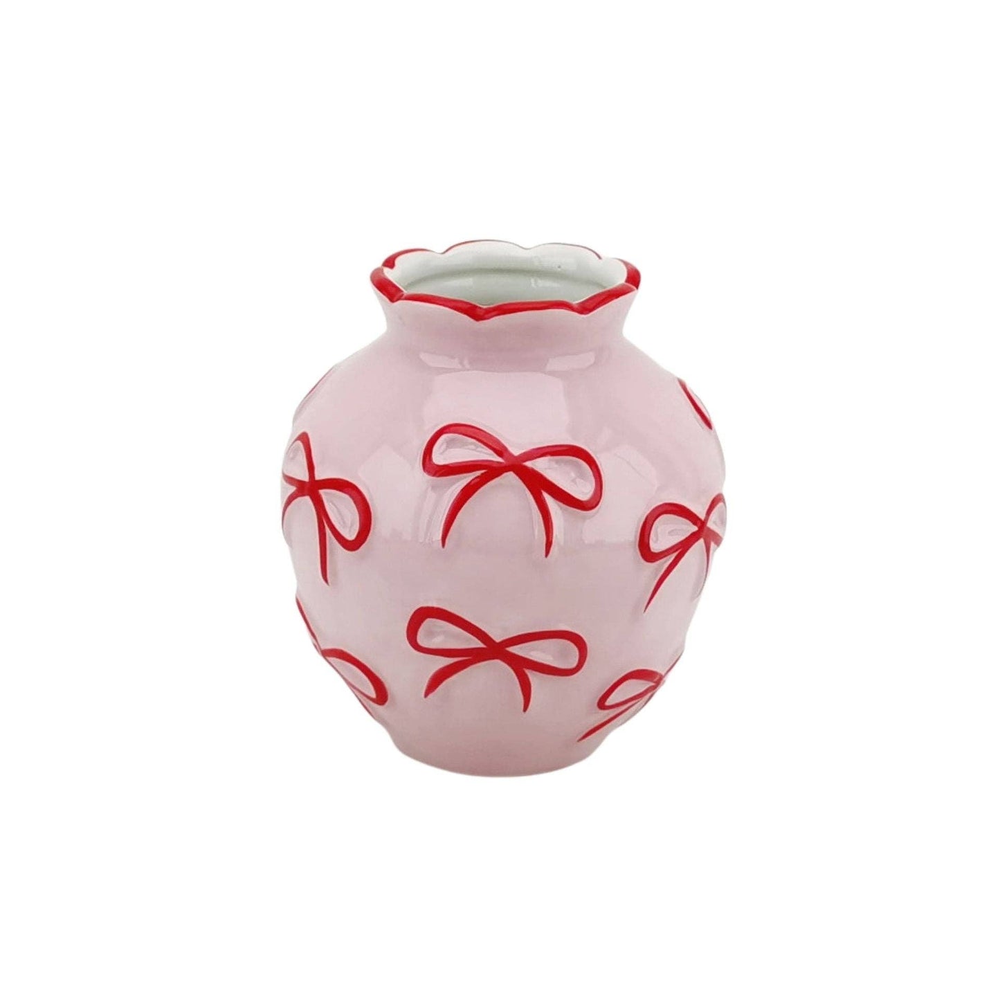 Vase - Flower Vase with Ribbons - Light Pink/Red - 13x13x14cm