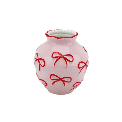 Vase - Flower Vase with Ribbons - Light Pink/Red - 13x13x14cm