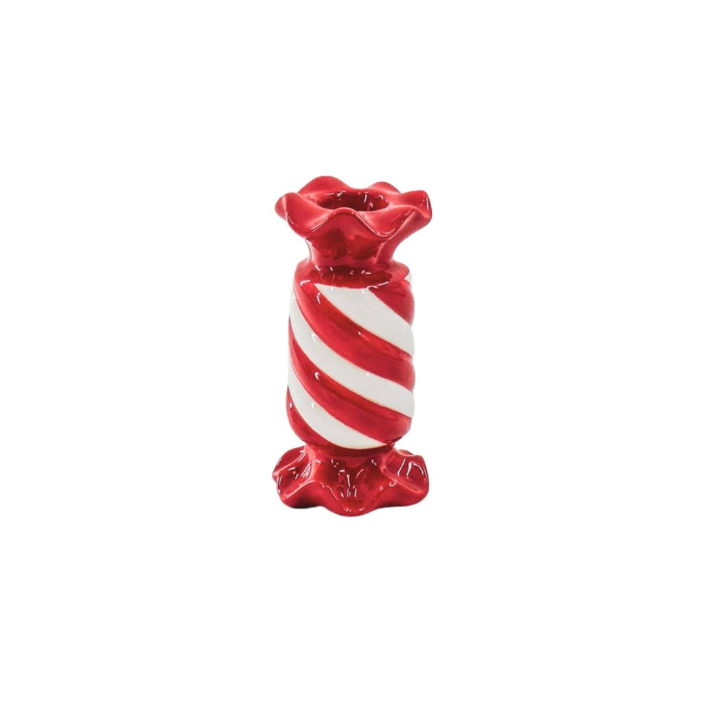 Bougeoir - Bonbon Toffee - Céramique - Rouge/Blanc - 7,5x7,5x13 cm