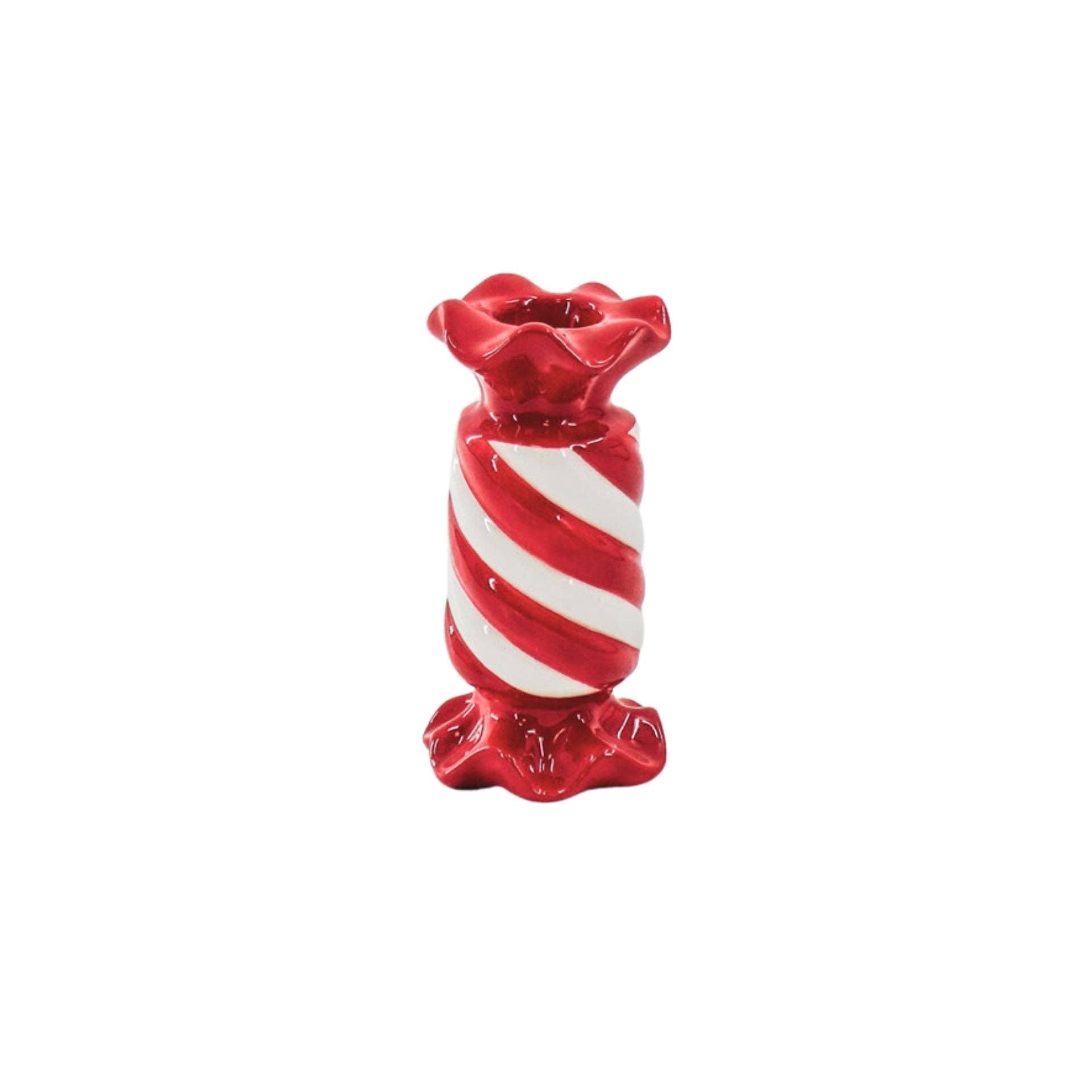 Bougeoir - Bonbon Toffee - Céramique - Rouge/Blanc - 7,5x7,5x13 cm