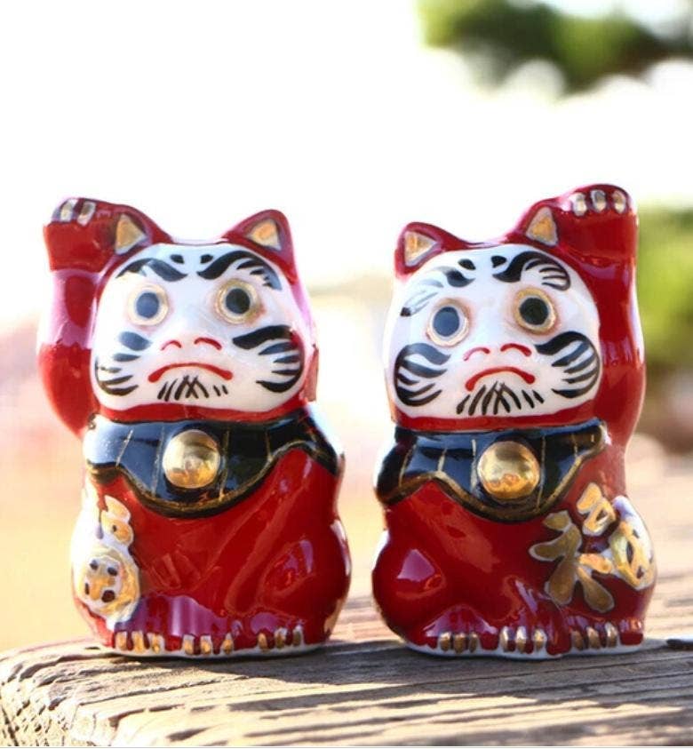 Lucky Cat Daruma Earthenware Figurine
