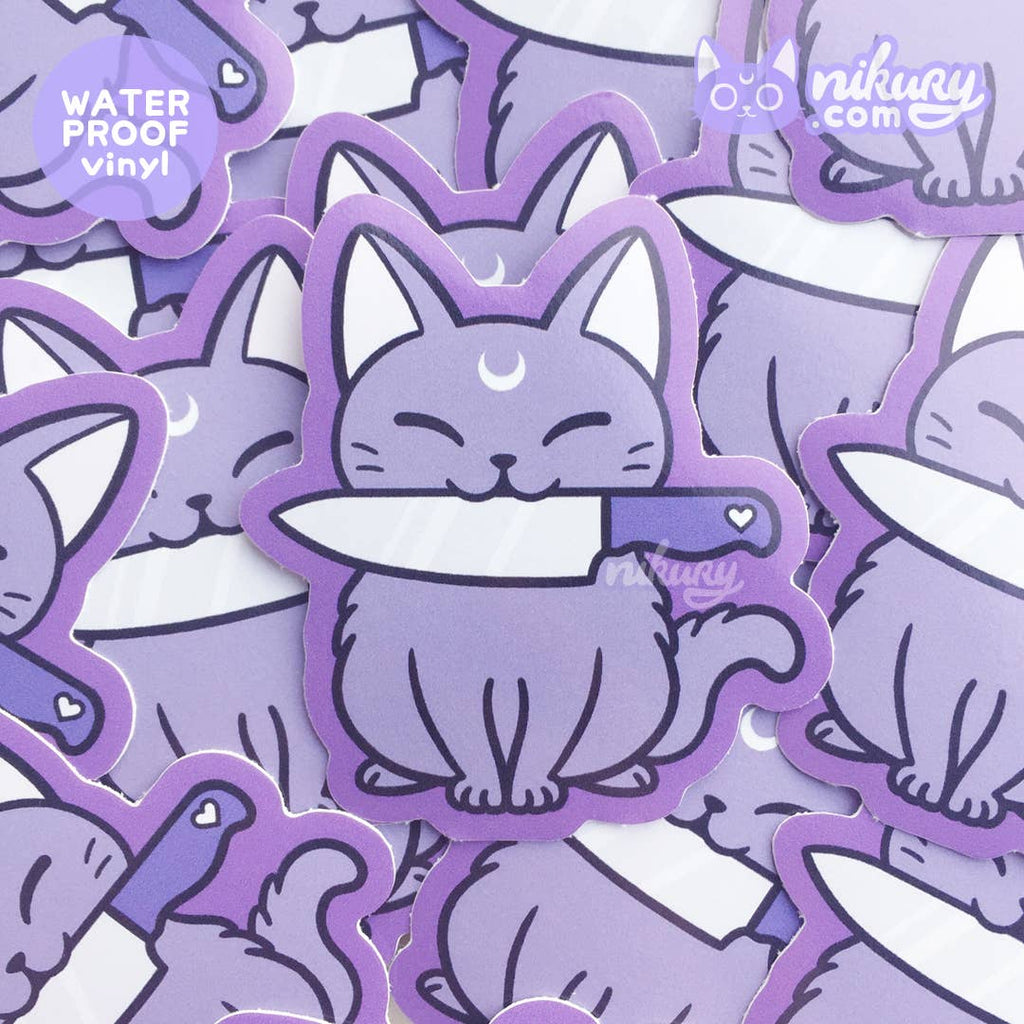 Oggetto regalo di design – autocollant chat avec couteau black meowgic nikury 