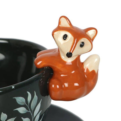 Green forest print tea mug with fox