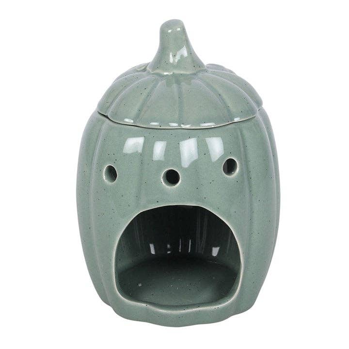 Tall, sage green, pumpkin-shaped oil burner with lid