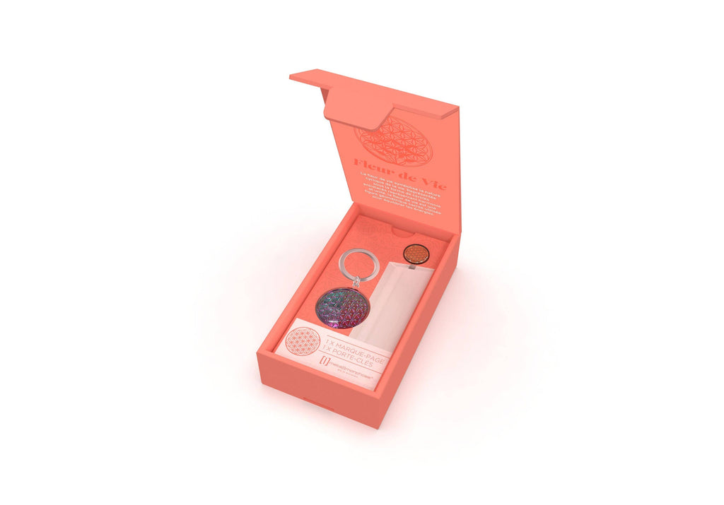 Schlüsselanhänger und Lesezeichenbox „Fleur De Vie“.