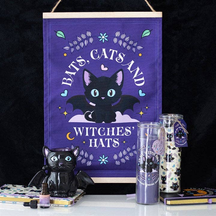 Bougie tube lavande avec imprimé de chat chauve-souris mignon et effrayant