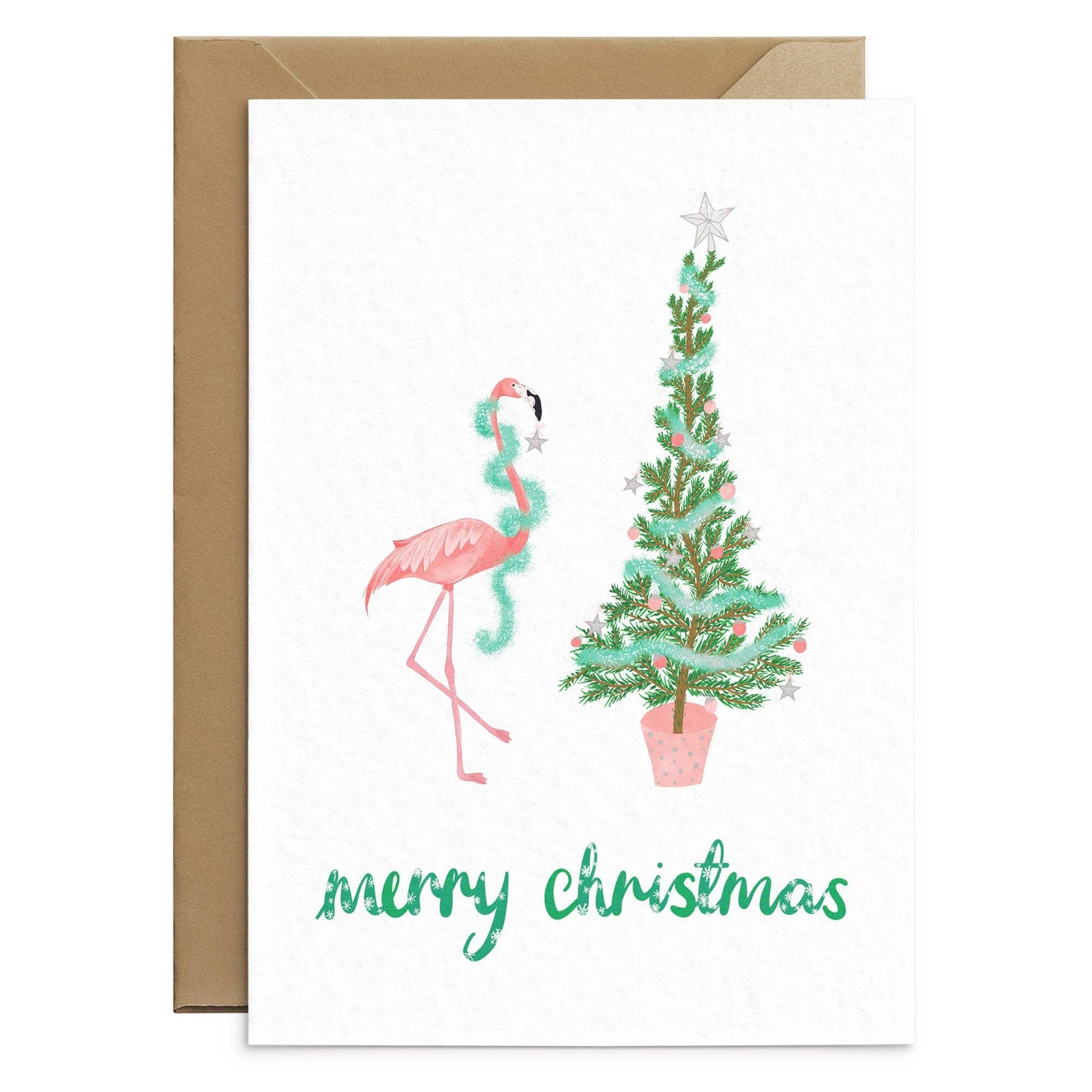 Weihnachtskarte mit rosa Flamingo