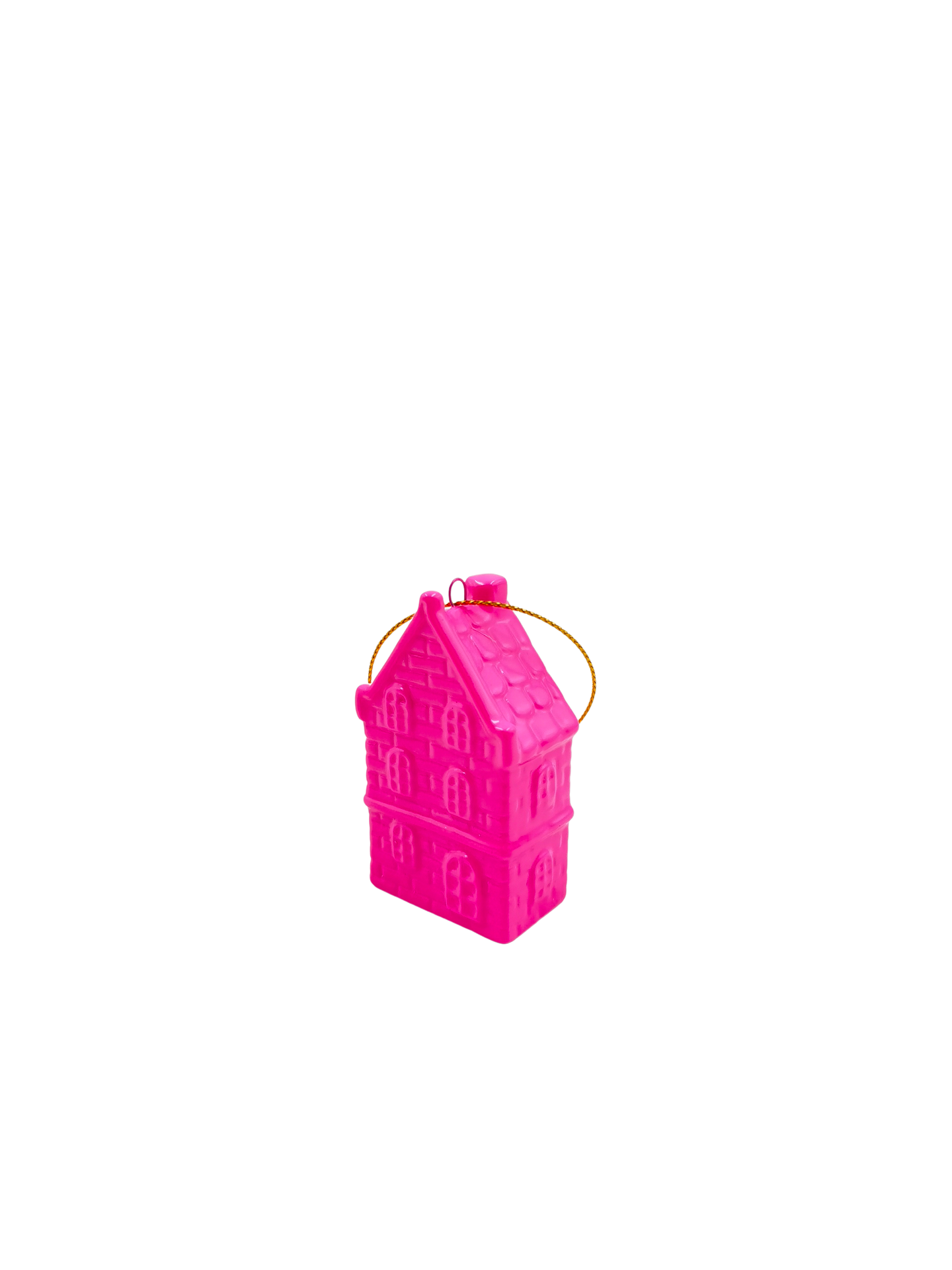 Weihnachtshänger – Haus – Keramik – Neonrosa – 3,5 x 2 x 6,5 cm