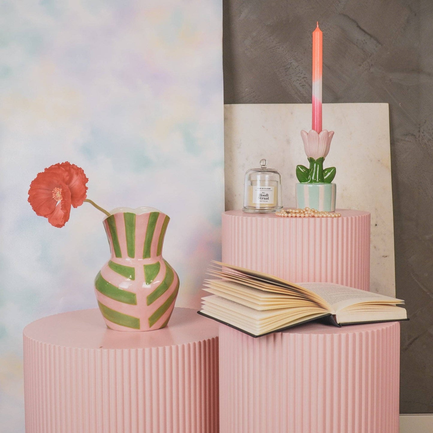 Vase - Stripes - Stoneware - Green/Pink - 16x16x22cm