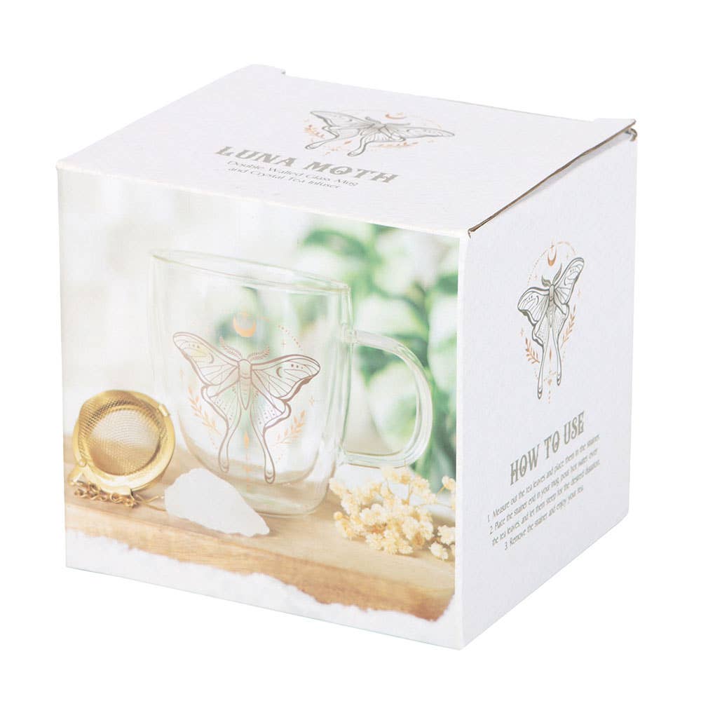 Mug en verre double paroi avec infuseur de thé en cristal et motif de Papillon lunaire