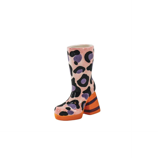 Leopard Print Boot Vase - Pink/Orange
