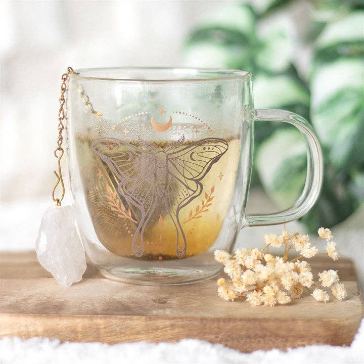 Mug en verre double paroi avec infuseur de thé en cristal et motif de Papillon lunaire