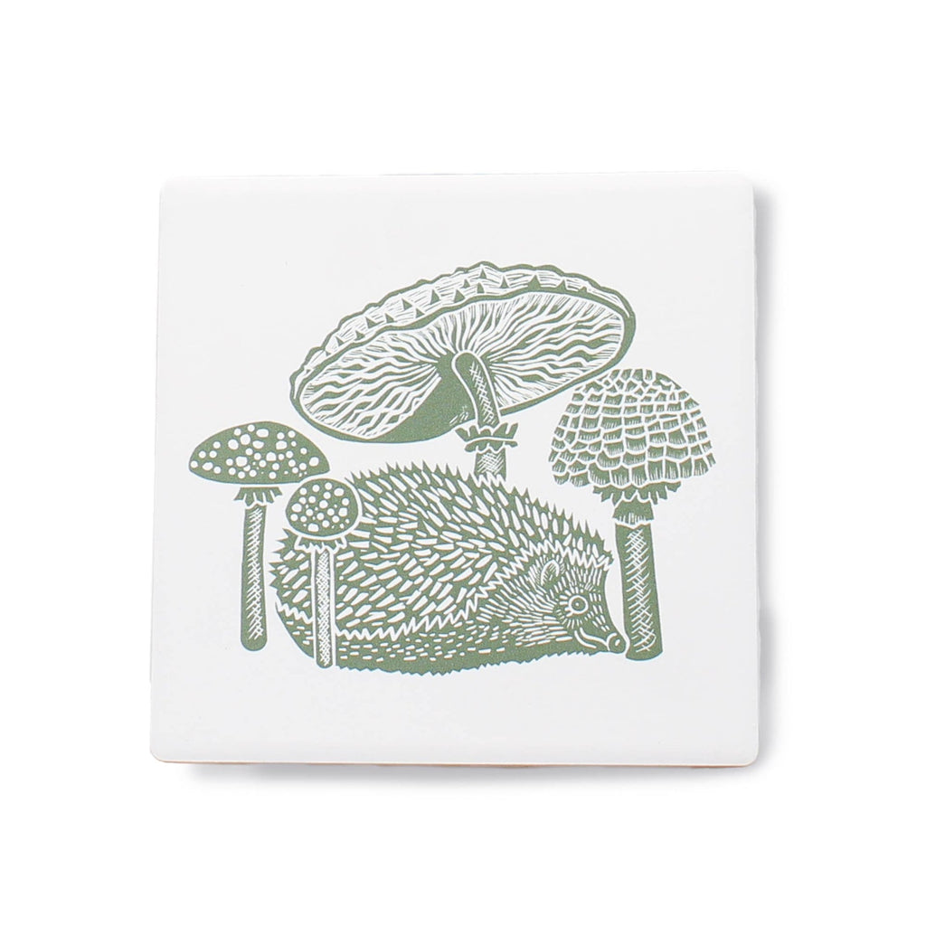 Woodland Mushroom Hedgehog Green Ceramic Coasters
