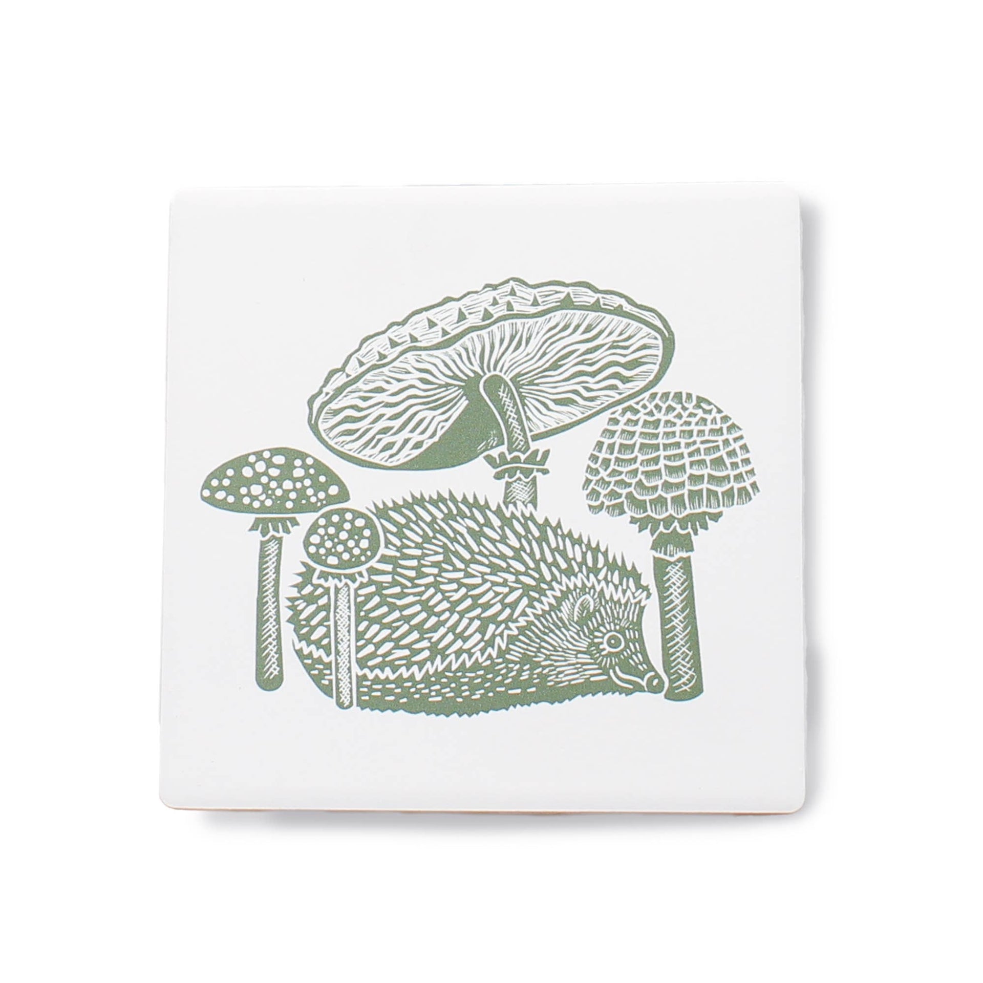 Woodland Mushroom Hedgehog Green Ceramic Coasters