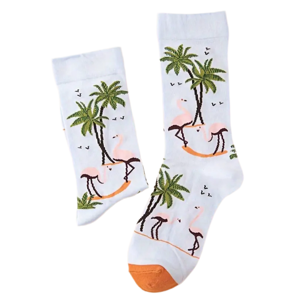 Oggetto regalo di design – chaussettes flamants roses palmiers