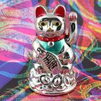 Chat chanceux solaire argenté 11cm