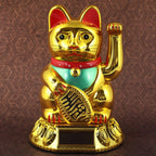 Chat chanceux solaire doré 18cm