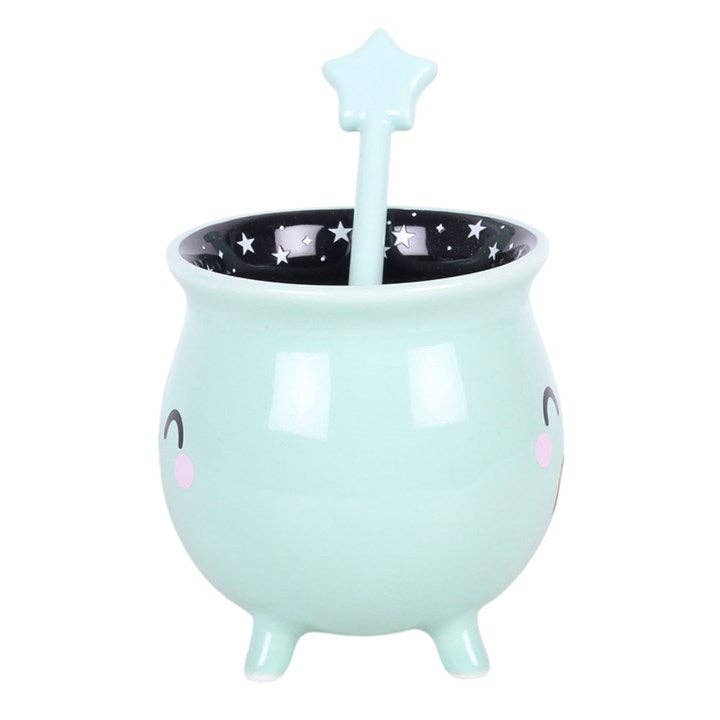 Mug d'Halloween Chaudron kawaii vert menthe avec touillette en forme de baguette
