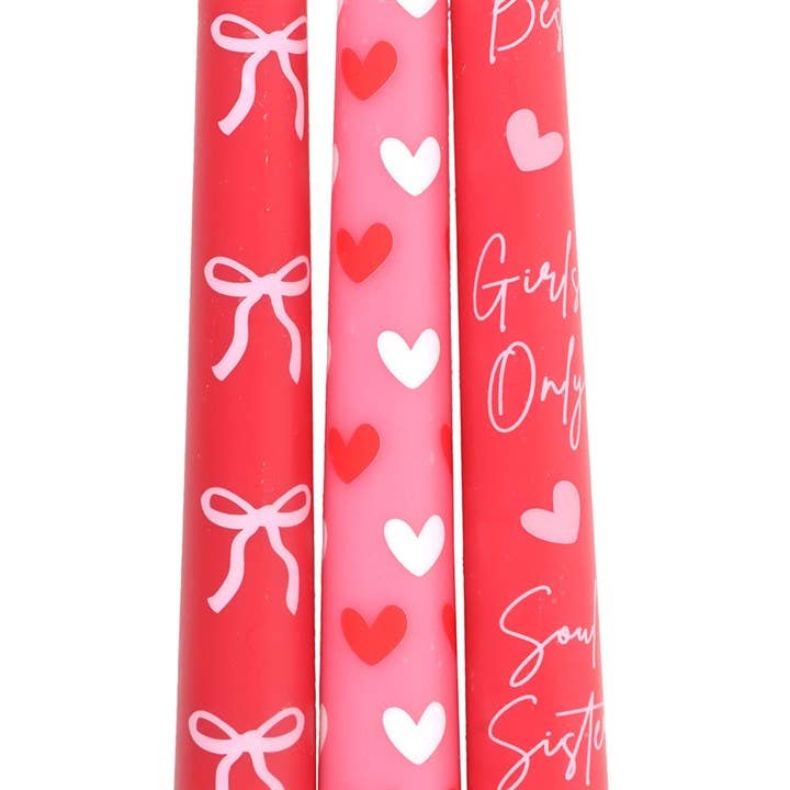 Set mit 3 Spitzkerzen mit Schleife und Herz zum Valentinstag
