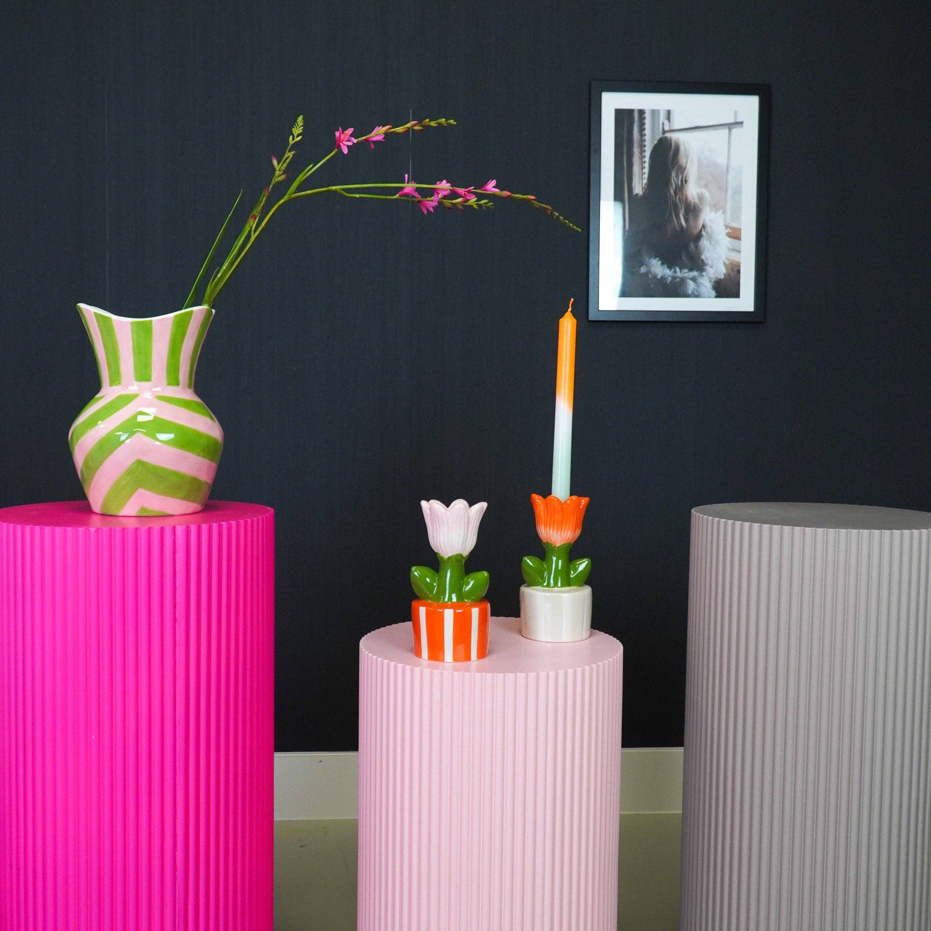 Vase - Stripes - Stoneware - Green/Pink - 16x16x22cm